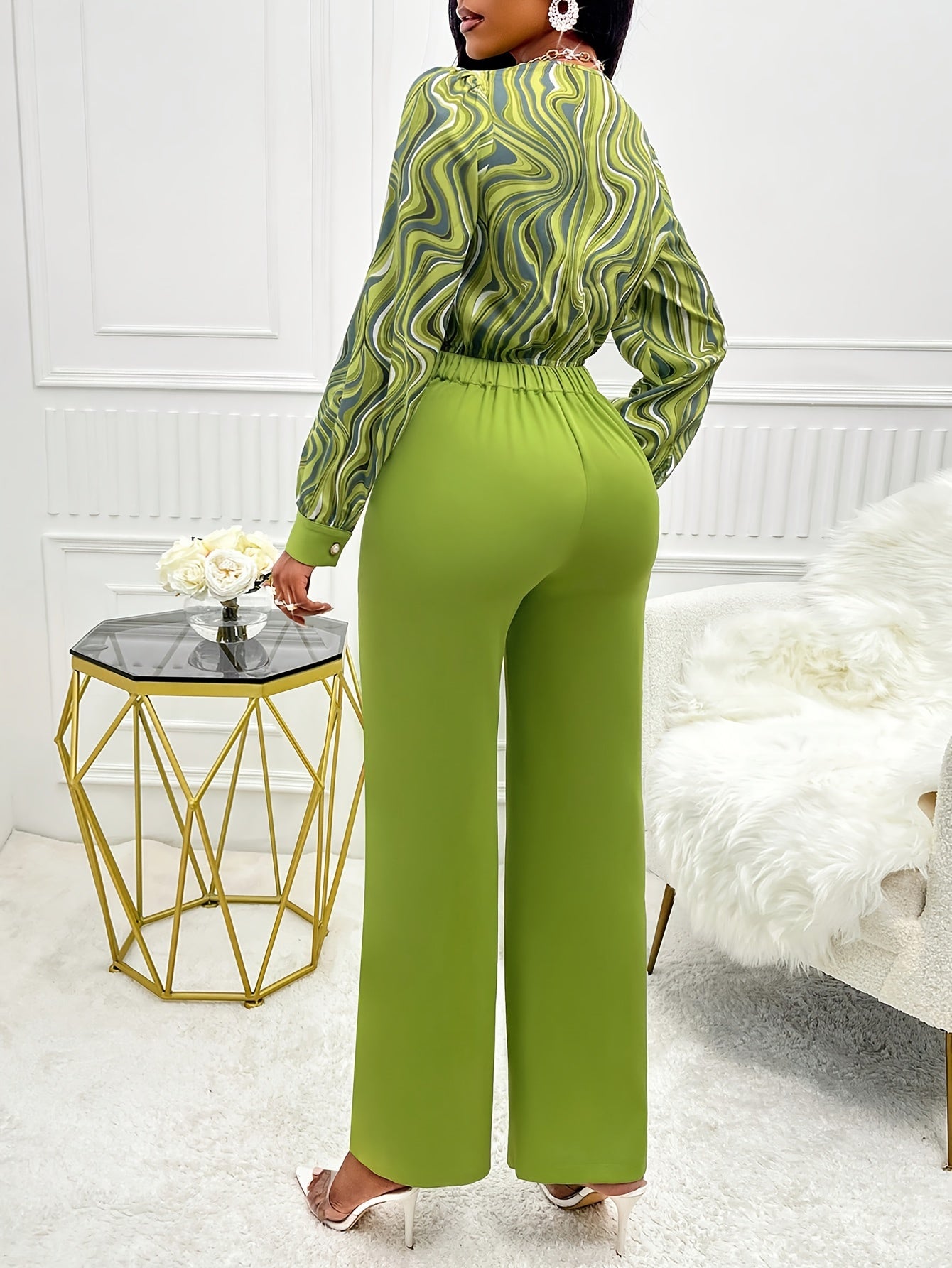 Elegant Women's Fashion Two-Piece Set: Chic Cowl Neck Top & High-Waist Pants - Polyester, Machine Washable - Perfect for Spring/Fall - For Women - Suitable for Casual Occasions - Great Gift for Fashionistas